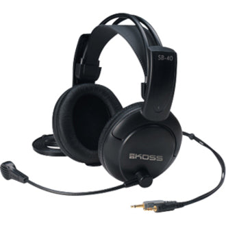 Side angle view of Koss SB40 gaming headset highlighting volume control and ear cup design