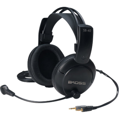 Front view of Koss SB40 gaming headset showing large ear cups, adjustable headband, and boom microphone