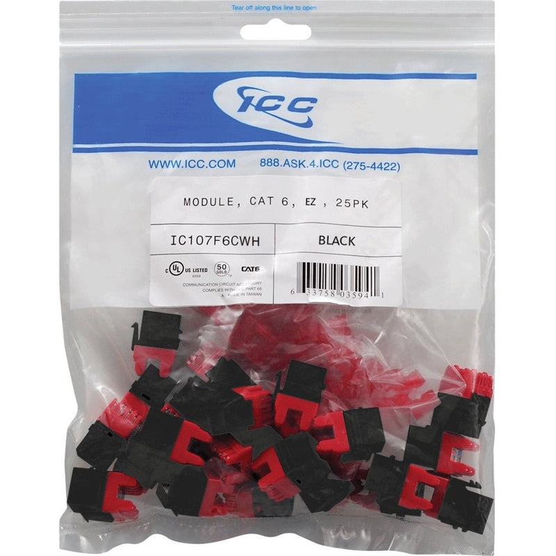 ICC Cat6 RJ-45 keystone jacks in black with red wire caps displayed in a resealable clear packaging bag with ICC branding