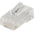 Clear polycarbonate Leviton EZ-RJ45 Cat 5e network connector showing internal wire channels and gold-plated contacts