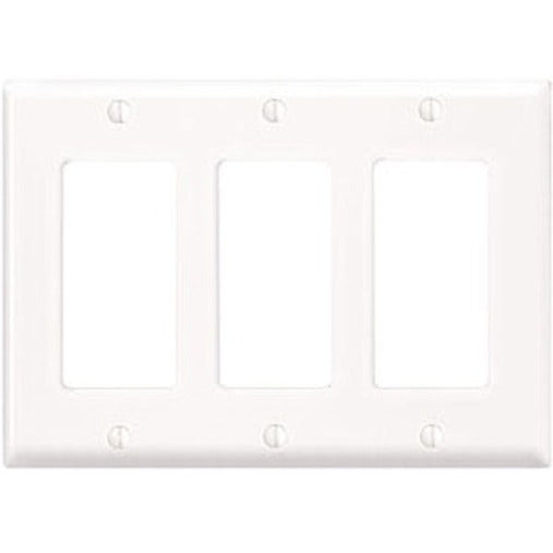 White 3-gang Decora wallplate featuring three rectangular openings with smooth finish and mounting holes