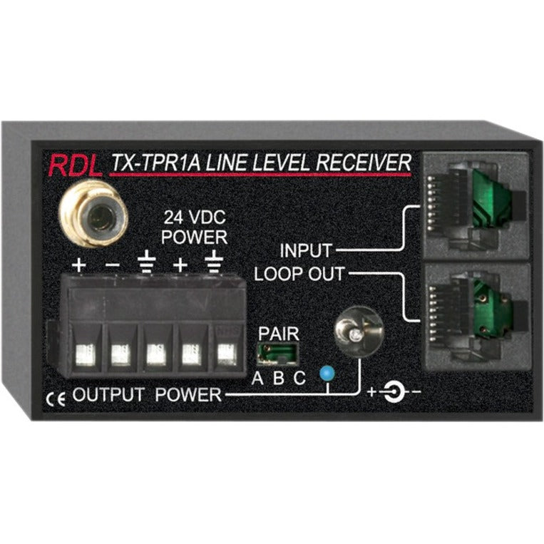 RDL TX-TPR1A Line Level Receiver showing front panel interface with power input, RJ45 connections, and audio pair selection controls-alternate-image1