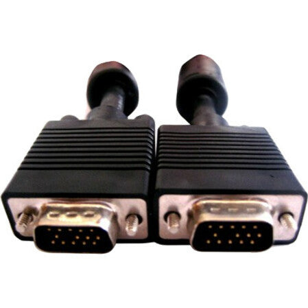 Close-up view of dual HD15 male VGA connectors with black molded housing and ferrite cores