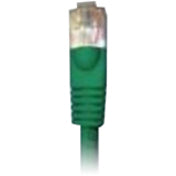 Close-up view of green Cat.5e patch cable RJ-45 connector with molded strain relief boot