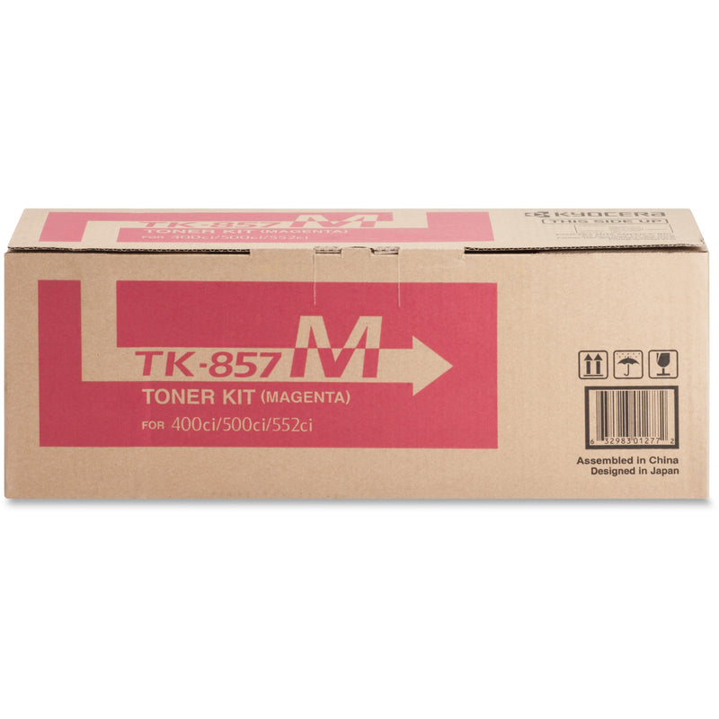 Kyocera TK857M original magenta toner cartridge box showing compatibility with 400ci/500ci/552ci printers