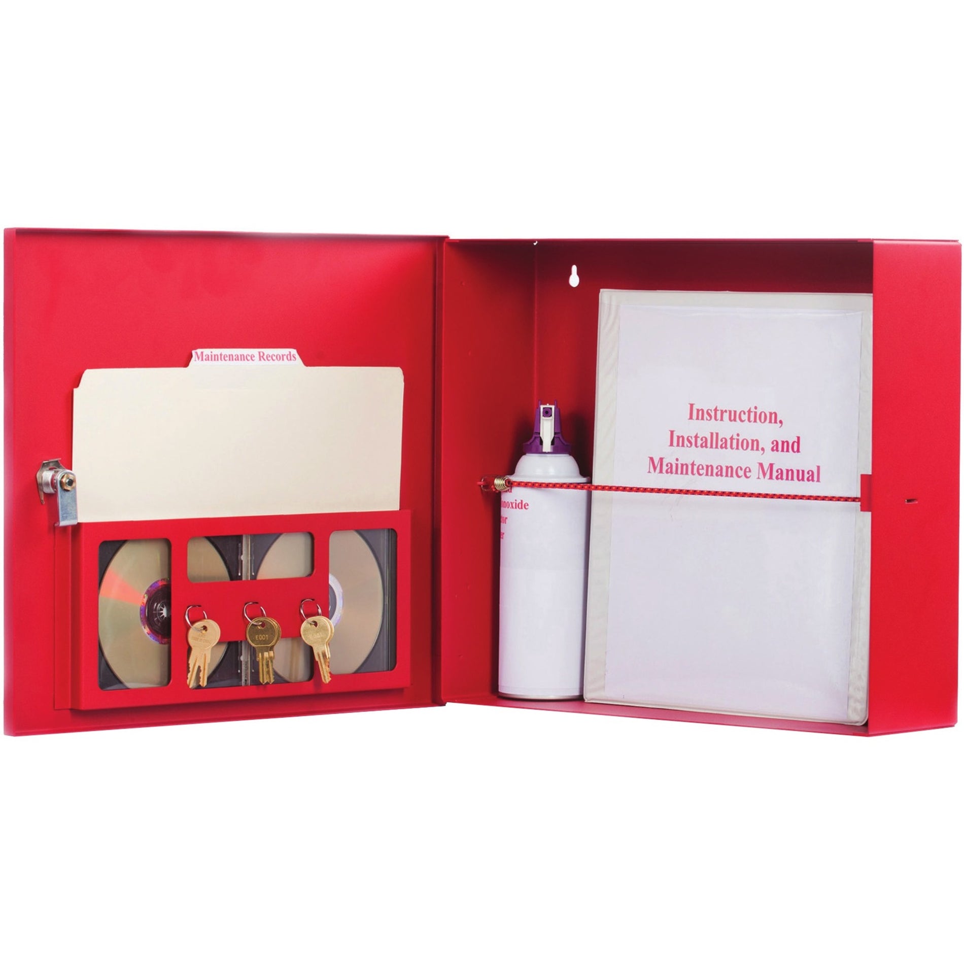 Interior view of red Mier storage cabinet showing compartments for keys, CDs, manuals, and maintenance documents with secure locking system-alternate-image1