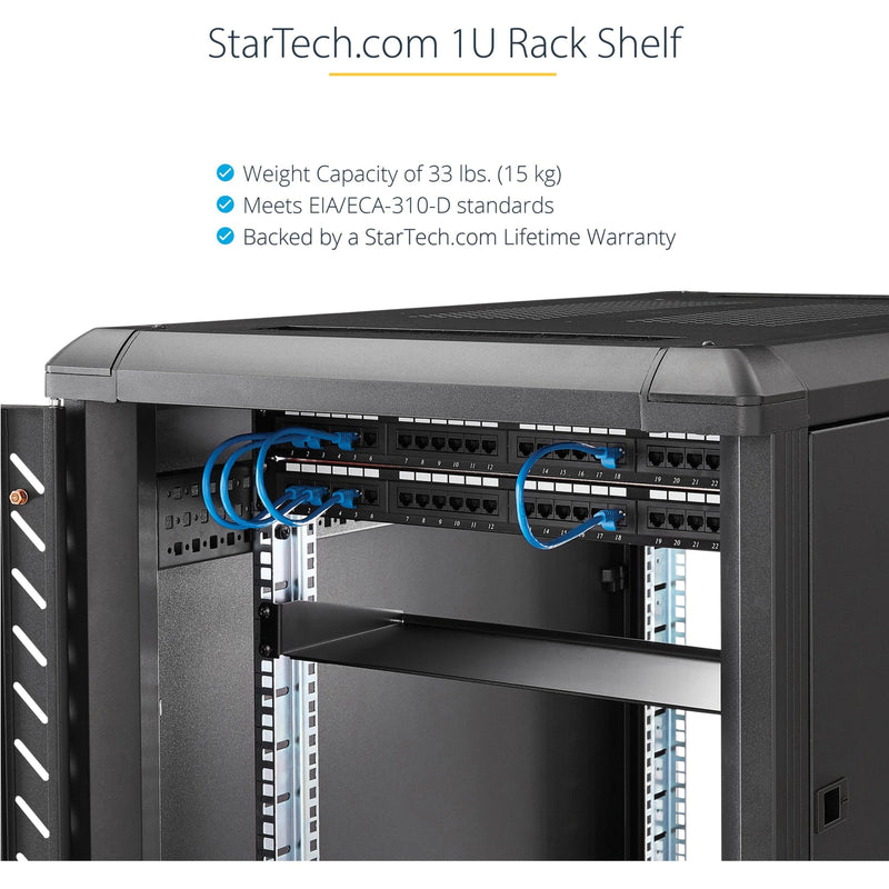 StarTech.com rack shelf installed in server cabinet showing quality construction and network equipment