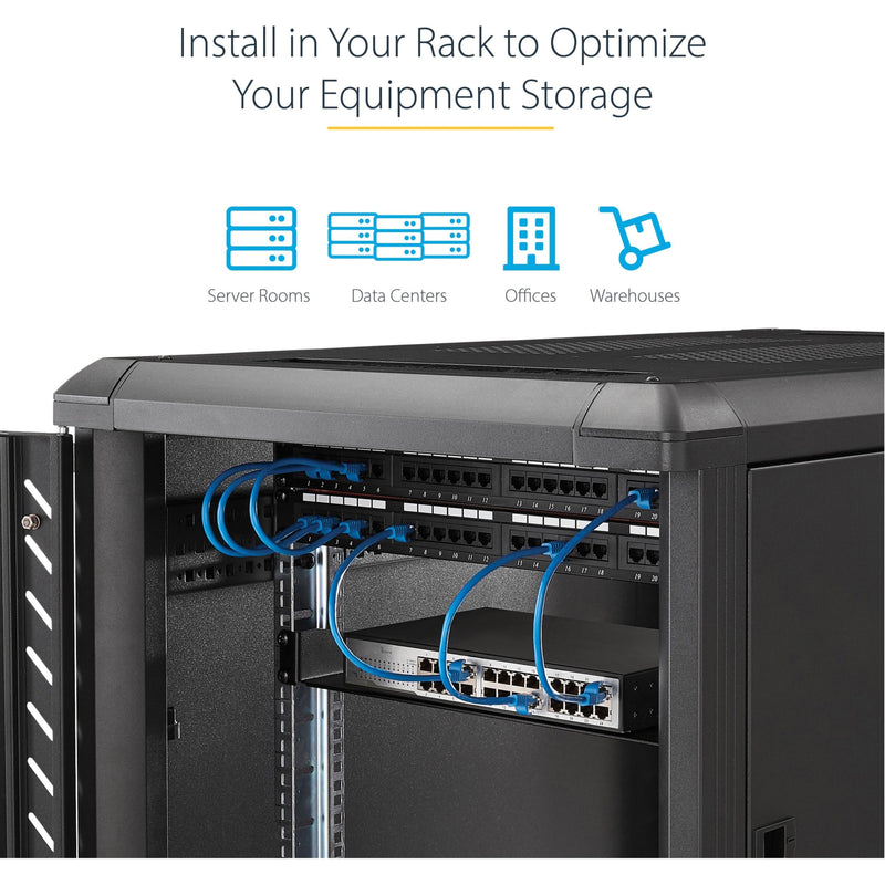 Installation environment icons showing server rooms, data centers, offices, and warehouses with rack shelf application