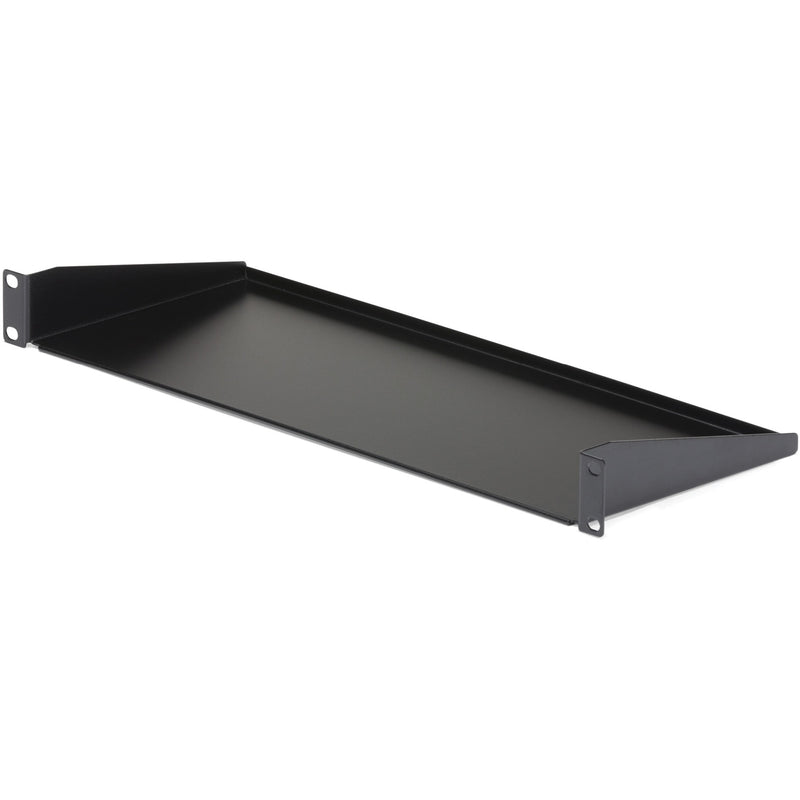 StarTech.com 1U 7-inch depth black fixed rack mount shelf shown at an angle