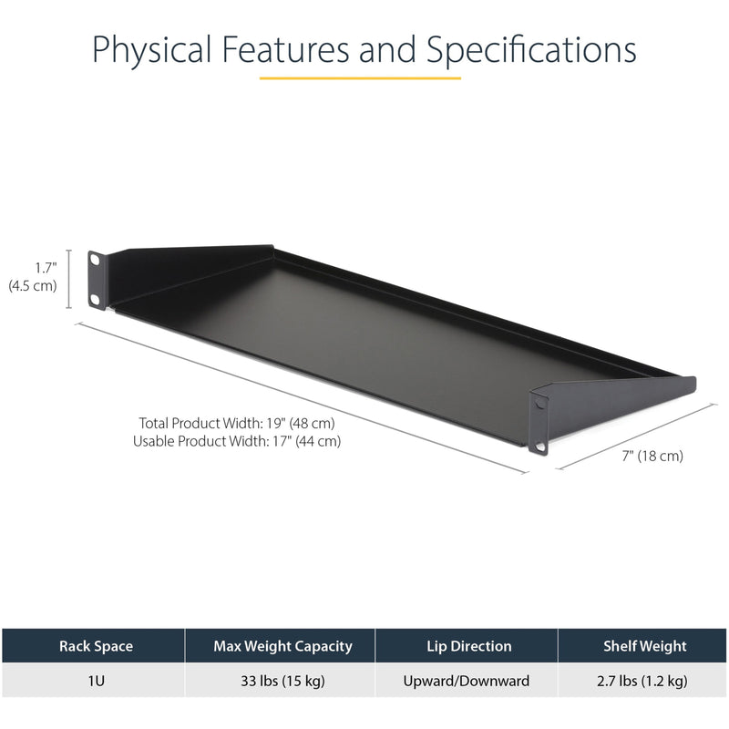 Detailed dimensional specifications of the StarTech.com 1U rack shelf with measurements