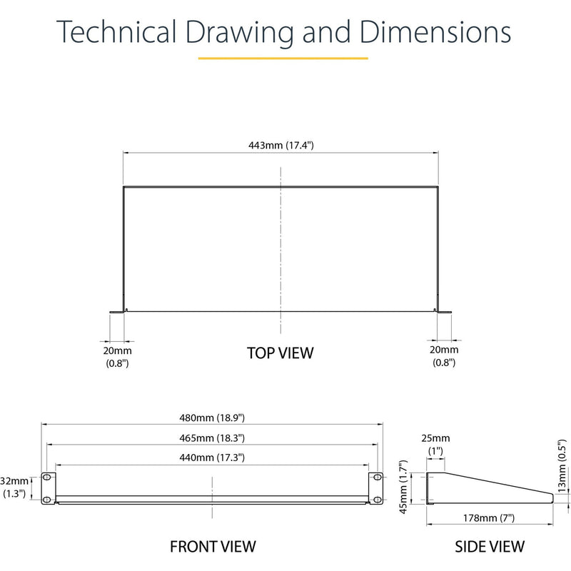 Technical drawing showing detailed dimensions and measurements of the StarTech.com rack shelf