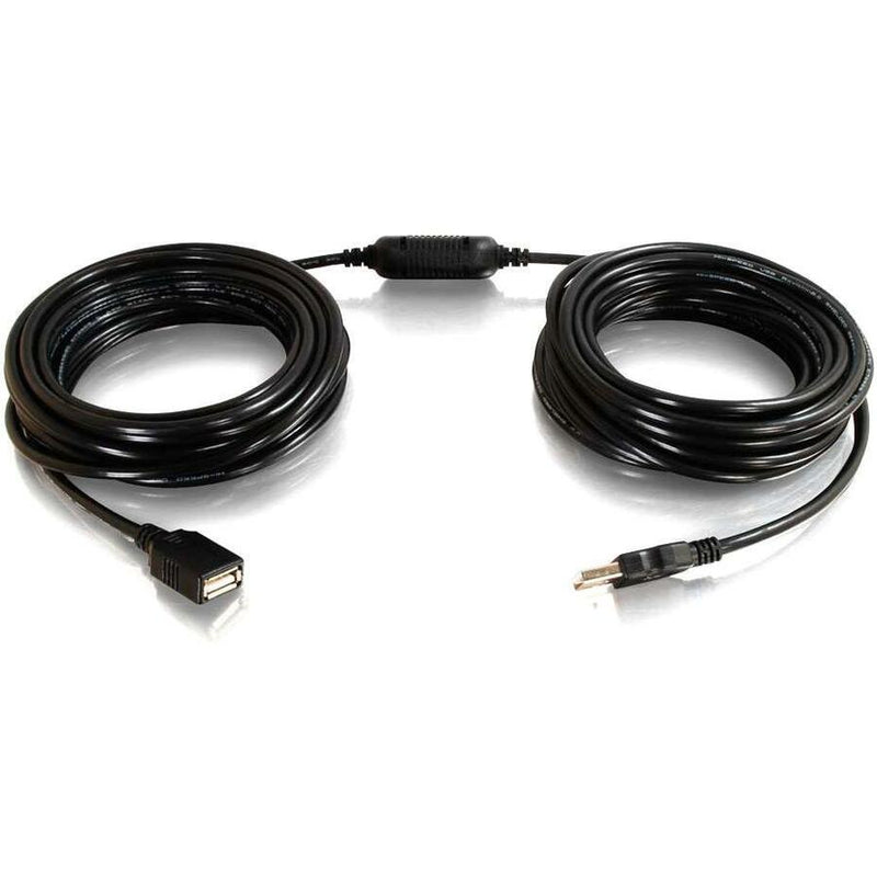 C2G USB active extension cable with center signal booster showing full length and connectors