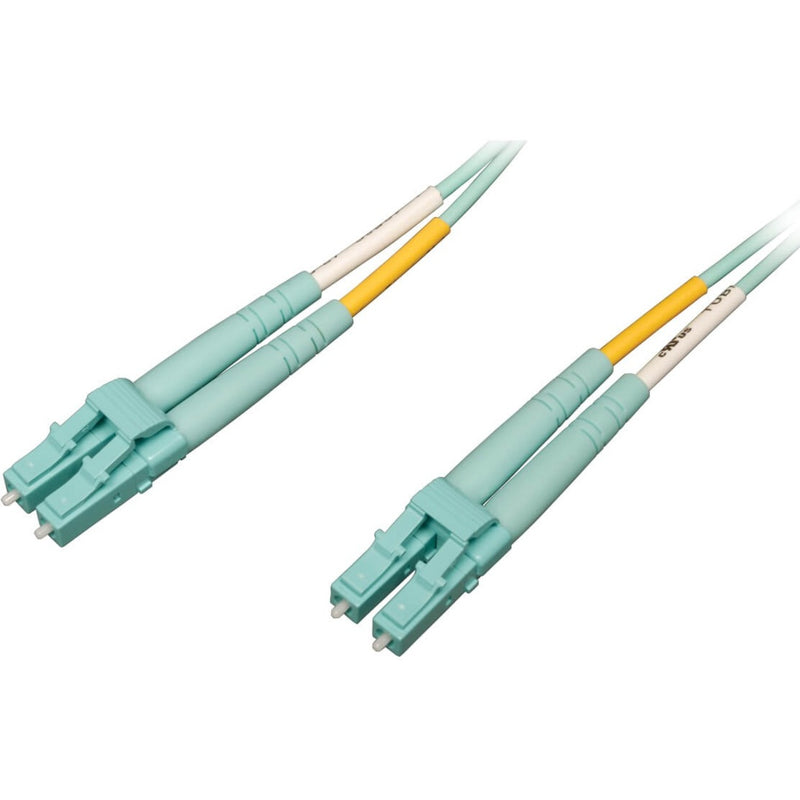 Tripp Lite OM4 multimode fiber optic cable with aqua LC connectors and duplex configuration, showing both cable ends