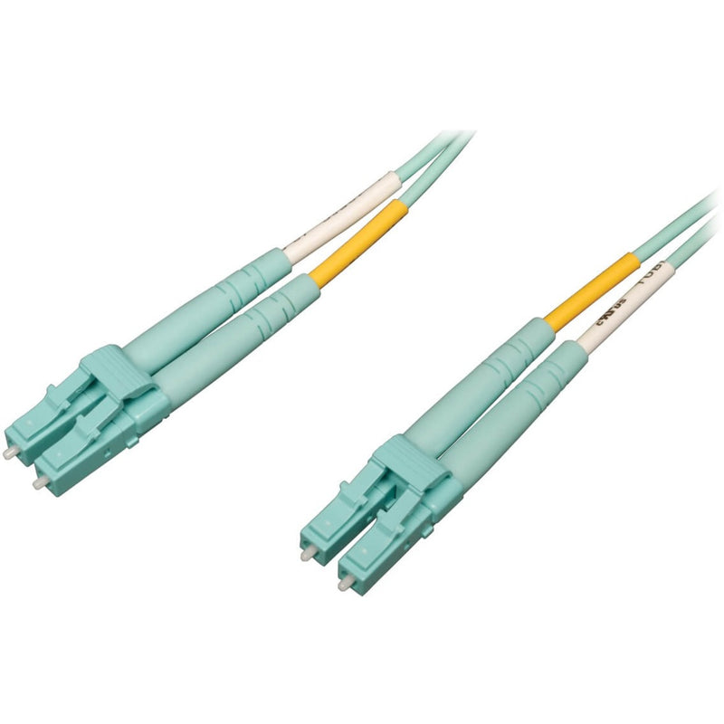 Tripp Lite OM4 fiber optic patch cable with aqua-colored jacket and LC connectors on both ends