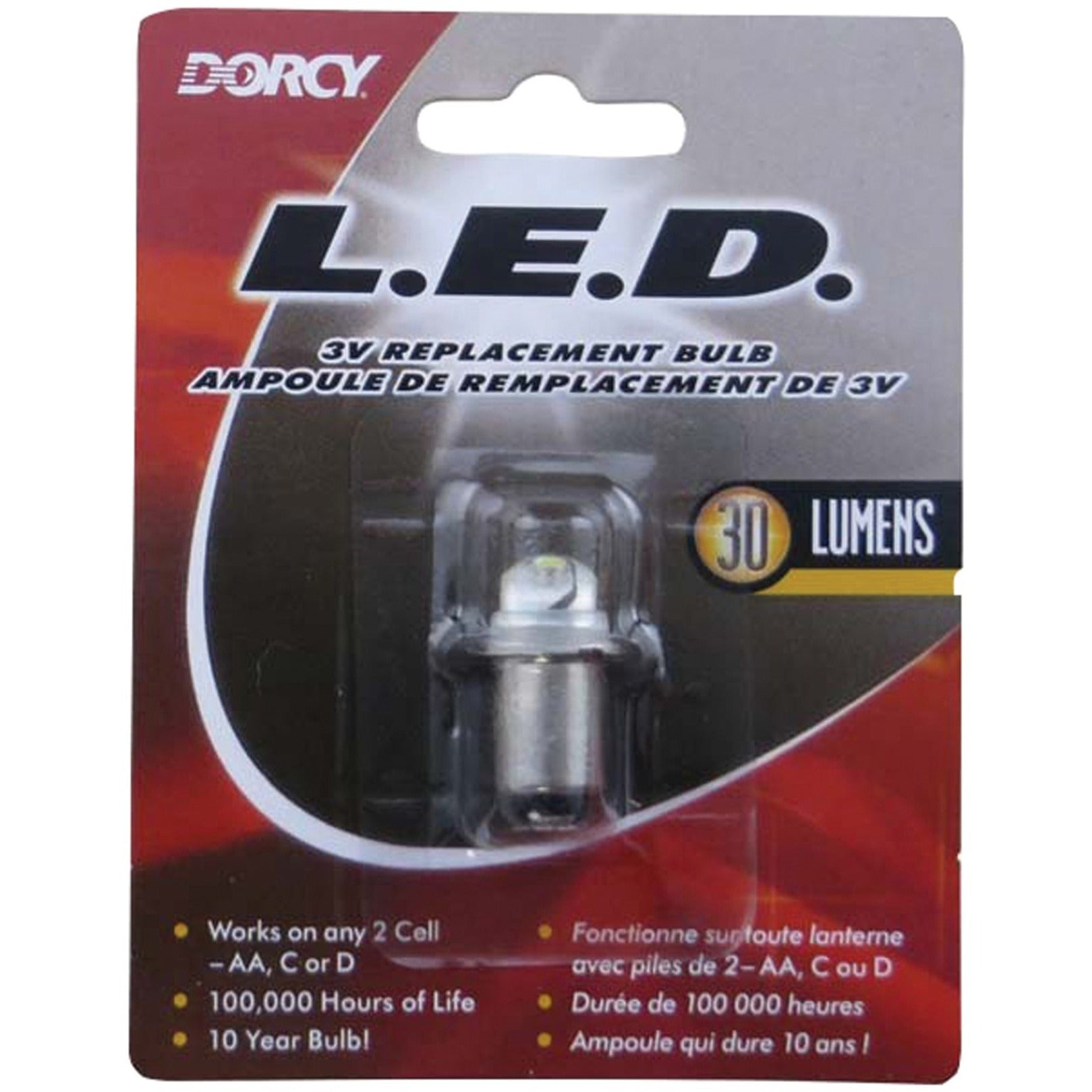 Retail packaging of Dorcy LED replacement bulb emphasizing 10-year lifespan and lumen output-alternate-image5