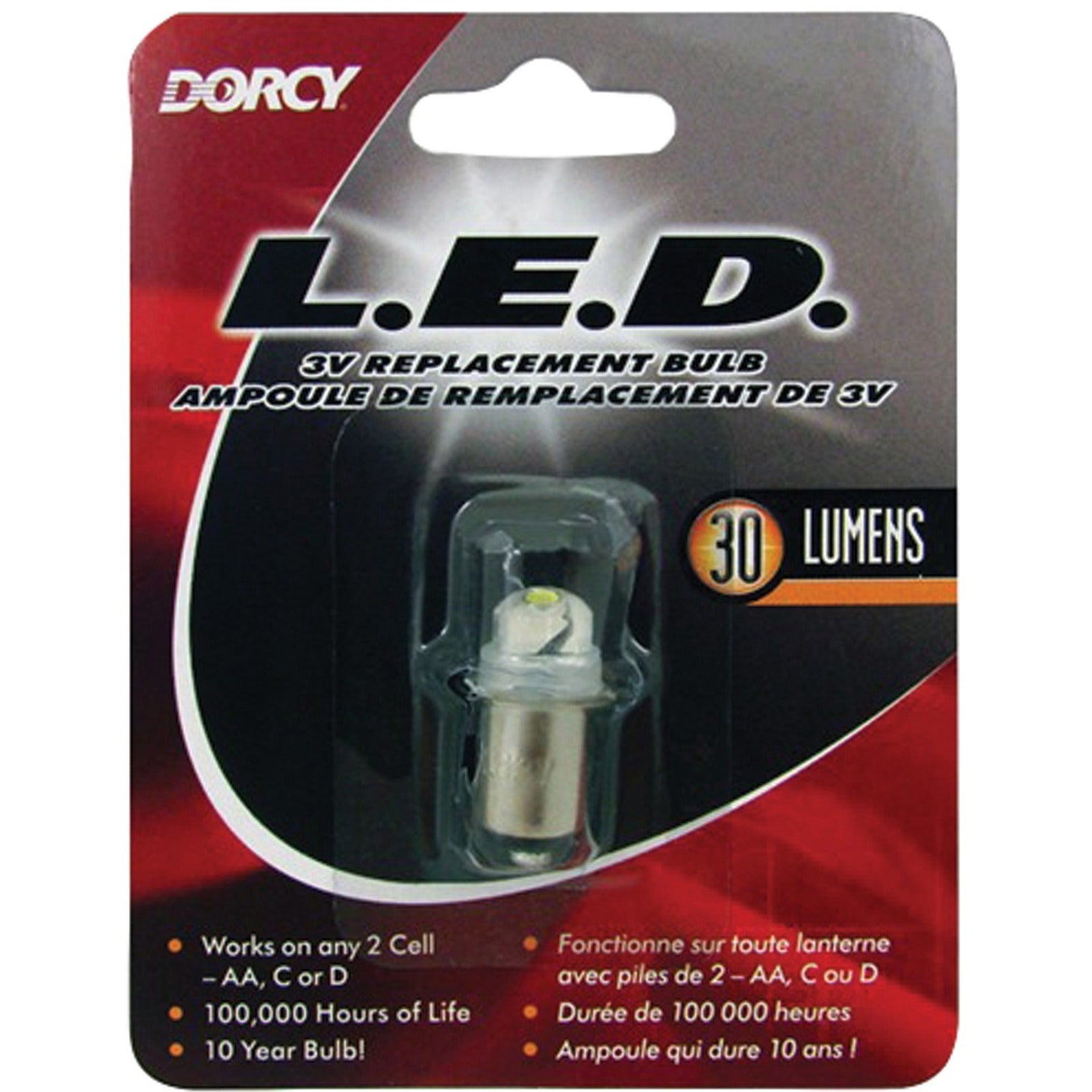 Front view of Dorcy LED bulb retail packaging showing product specifications and features-alternate-image4