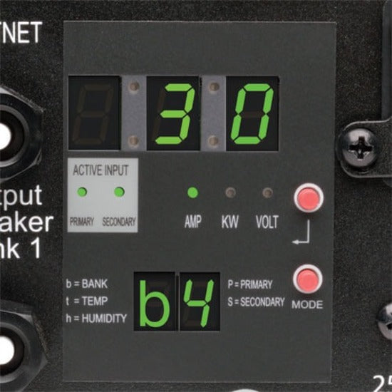 Close-up of PDU digital display showing power monitoring interface