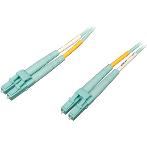 Tripp Lite OM4 multimode fiber optic cable with aqua LC connectors and yellow strain relief boots