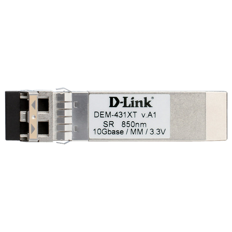 D-Link DEM-431XT SFP+ transceiver module showing product label with technical specifications and LC duplex connector interface