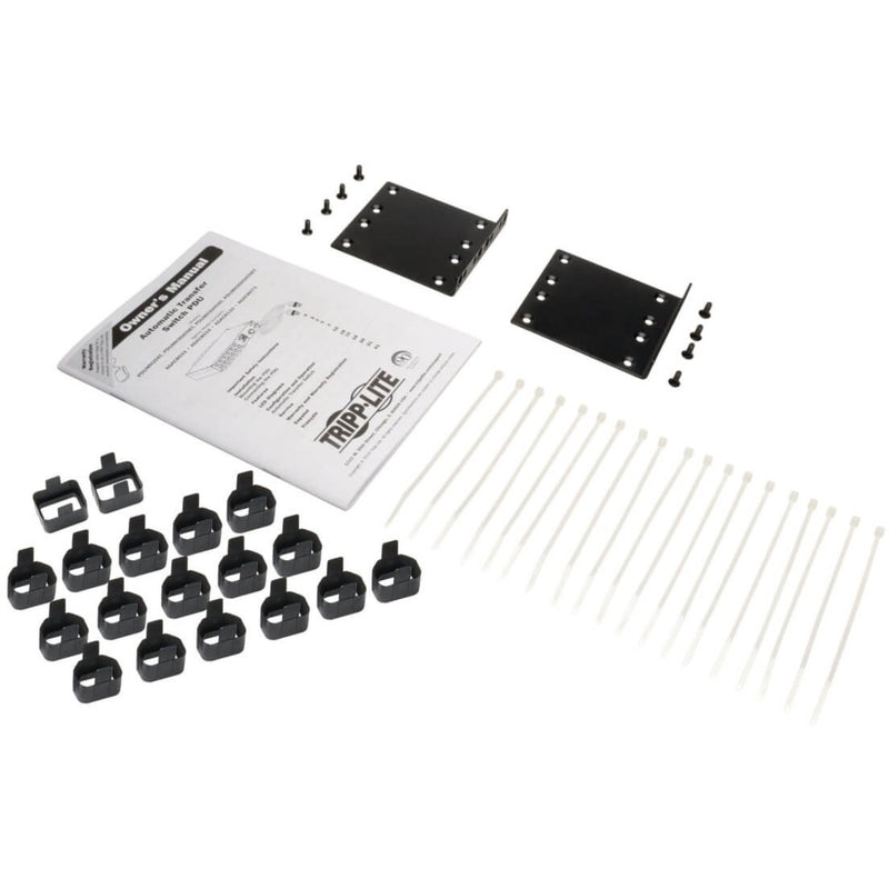 Installation kit components including mounting brackets, cable ties, and documentation