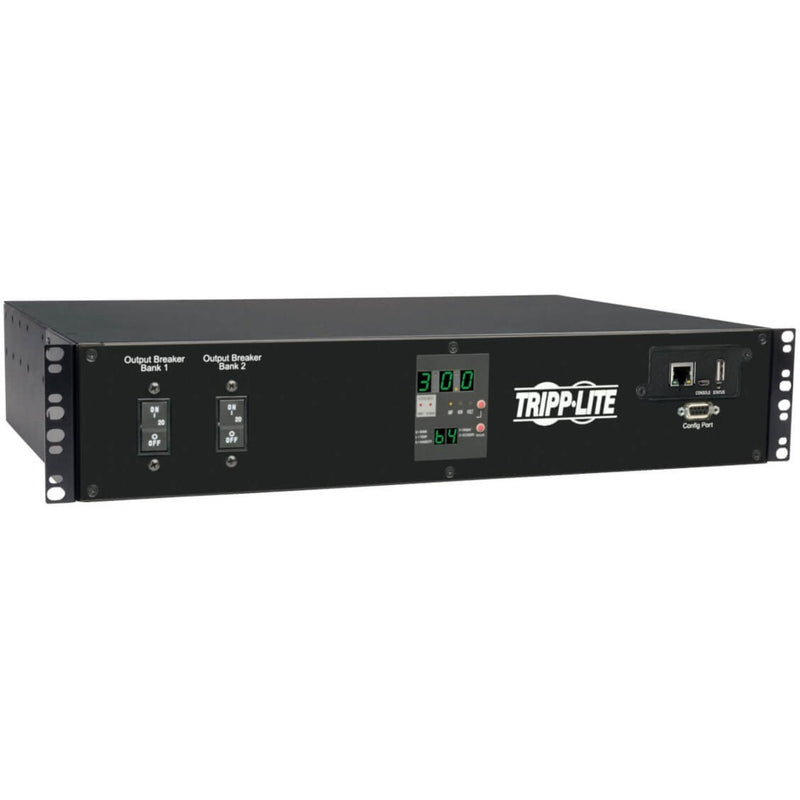 Front view of Tripp Lite PDUMH30HVATNET PDU showing digital display, output breaker banks, and network management ports