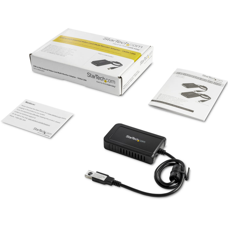 Complete package contents of StarTech.com USB to VGA adapter including documentation