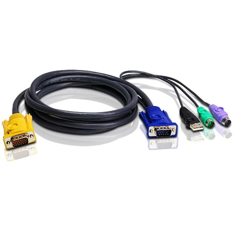 ATEN 2L5303UP 10ft black KVM combo cable with yellow and blue HD-15 connectors, USB Type-A, and PS/2 connectors