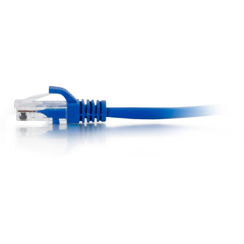 Side view of Cat5e ethernet cable showing flexible blue jacket and connector