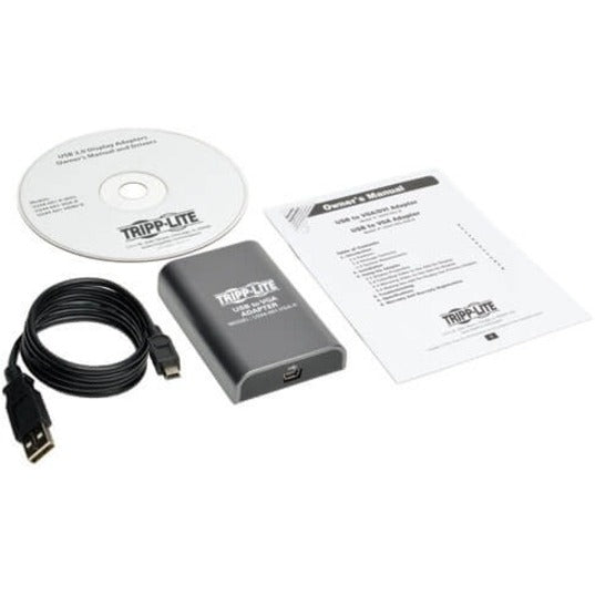 Complete package contents of Tripp Lite USB to VGA adapter including cables and documentation