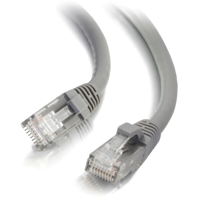 Close-up view of gold-plated RJ-45 connectors on gray Cat6 ethernet cable with snagless boot design