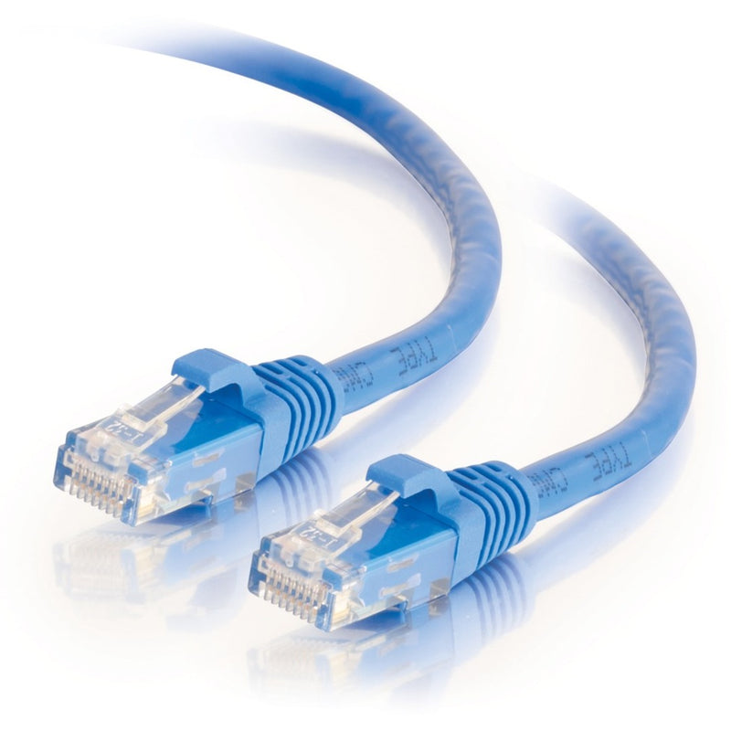 Blue Cat6 ethernet cable with gold-plated RJ-45 connectors showing both ends with snagless boots