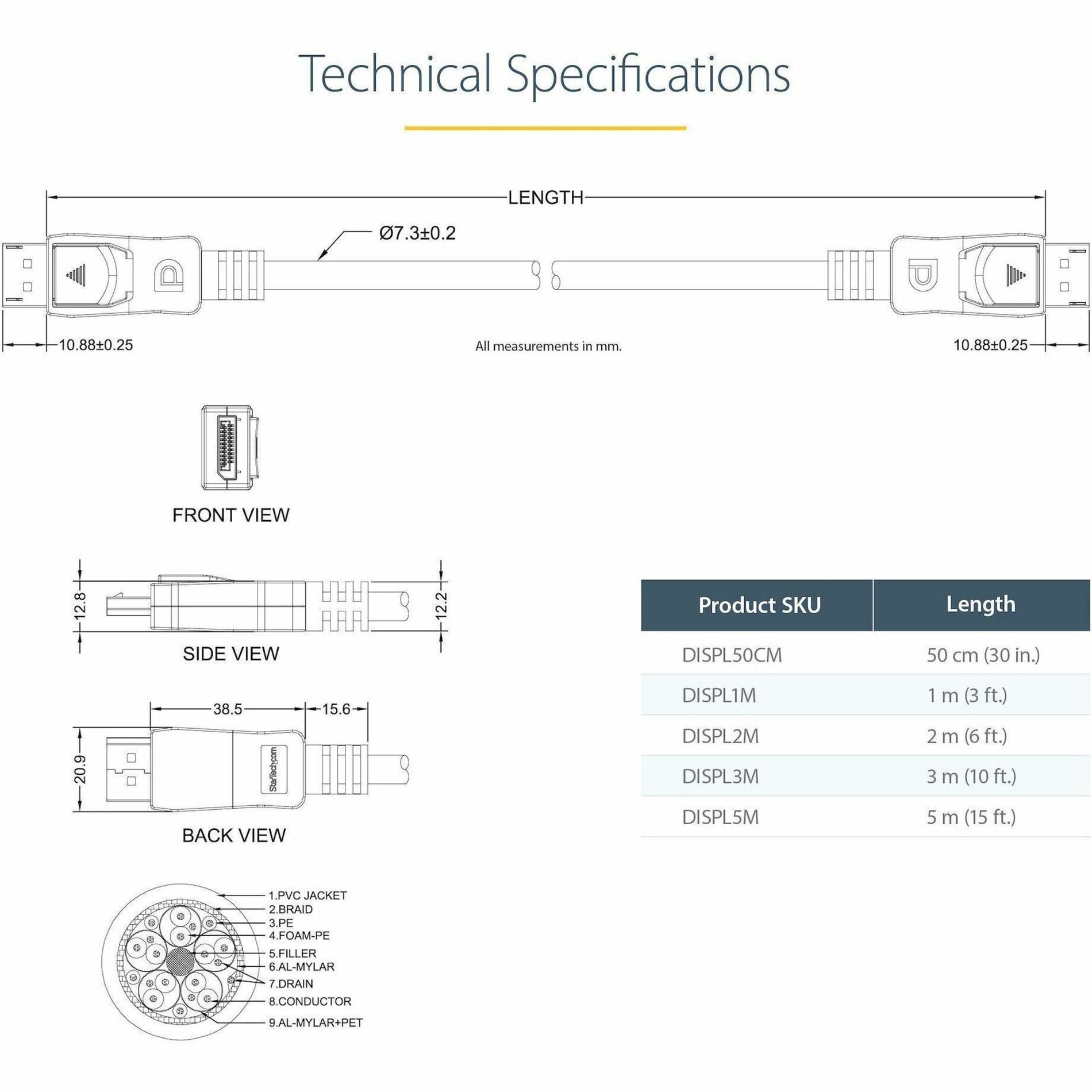 StarTech.com DISPL50CM 0.5m Short DisplayPort Cable with Latches - M/M, 4k Video Cable