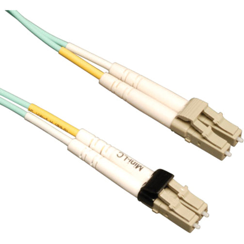 Tripp Lite N836-05M aqua fiber optic cable showing Mini-LC to LC connectors with white housing and gold ferrules