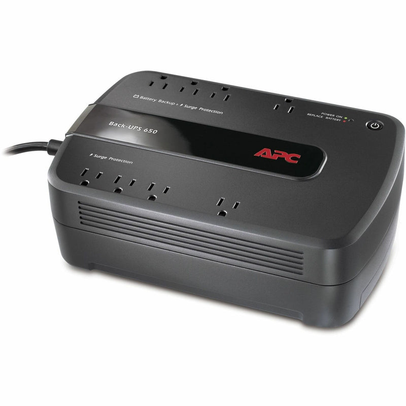 Front view of APC BE650G1 Back-UPS showing eight power outlets and LED status indicators