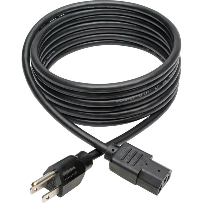 Full length view of coiled 10-foot Tripp Lite power cord showing both connector ends