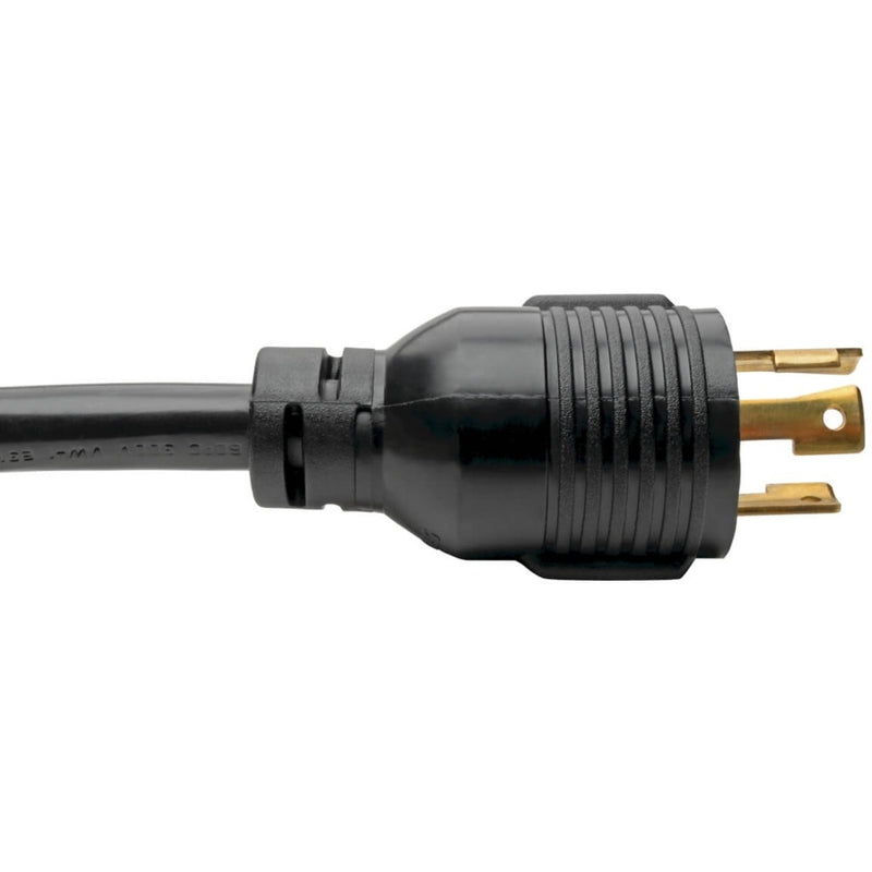 Detailed view of NEMA L6-30P connector on Tripp Lite power cord showing gold-plated contacts