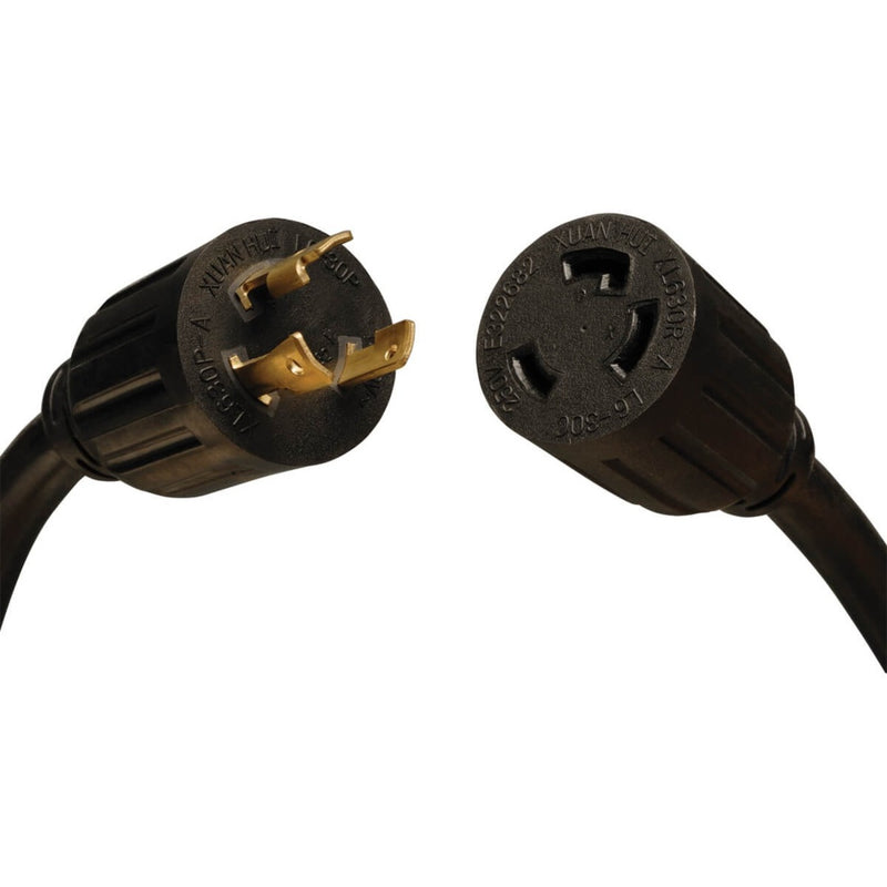 Close-up view of NEMA L6-30P and L6-30R twist-lock connectors on Tripp Lite power extension cord