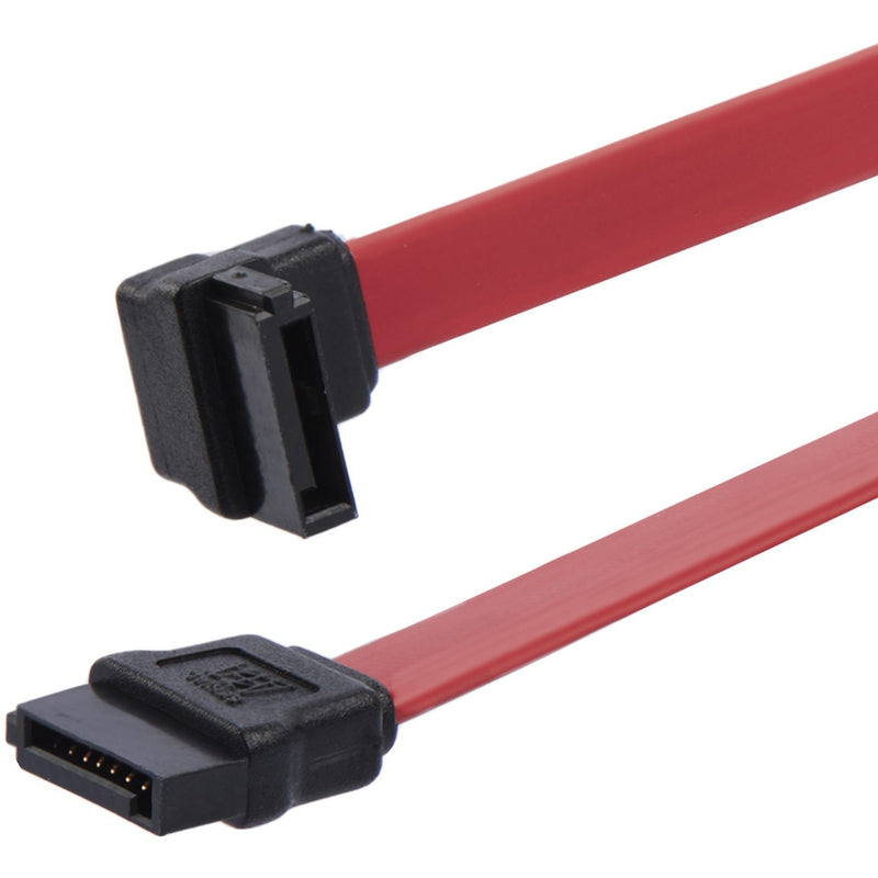 Close-up view of StarTech.com SATA cable showing straight and left-angled connectors with red flexible cable