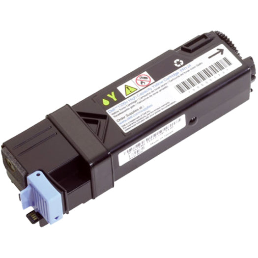 Dell FM066 yellow toner cartridge showing its sleek black housing design with yellow indicator and barcode information-alternate-image1