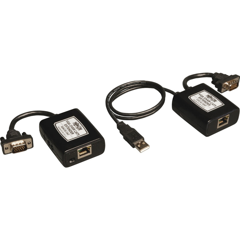 Tripp Lite B130-101-U VGA over Cat5 extender kit showing transmitter and receiver units with VGA and RJ45 ports