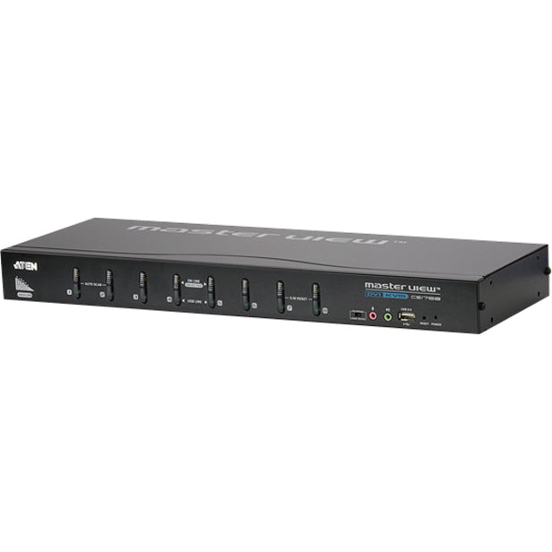 ATEN CS1768 8-port KVM switch with DVI/VGA support shown in black metal housing with front panel controls and LED indicators