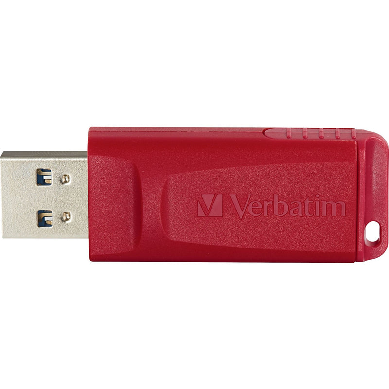 Close-up of red Verbatim USB drive connector