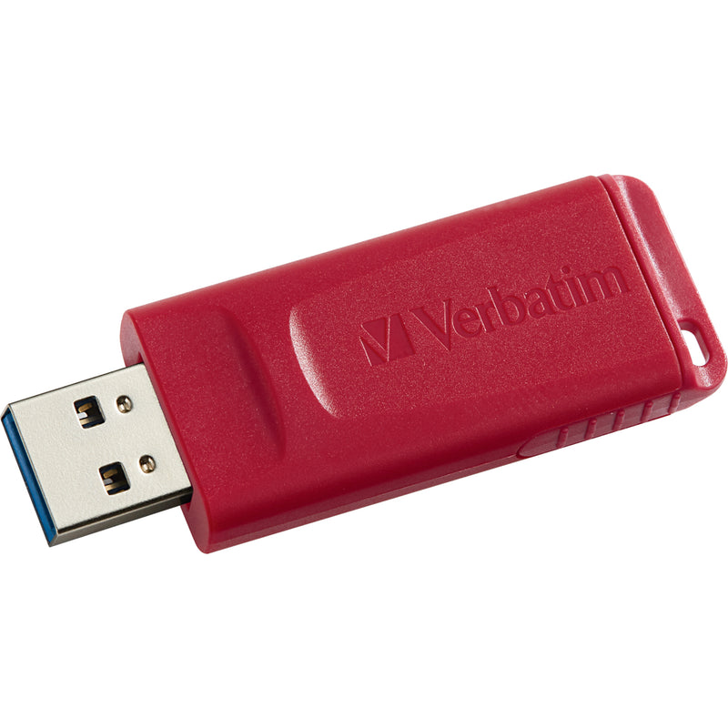 Detailed view of red Verbatim USB drive with extended connector