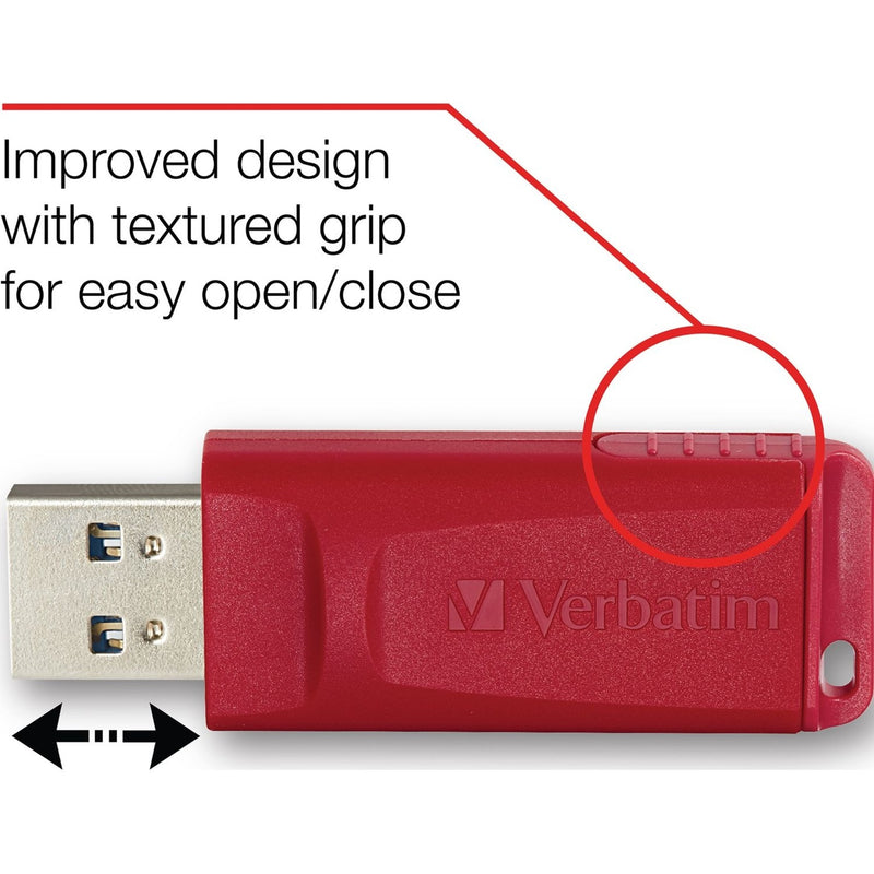 Diagram highlighting textured grip feature on red Verbatim USB drive