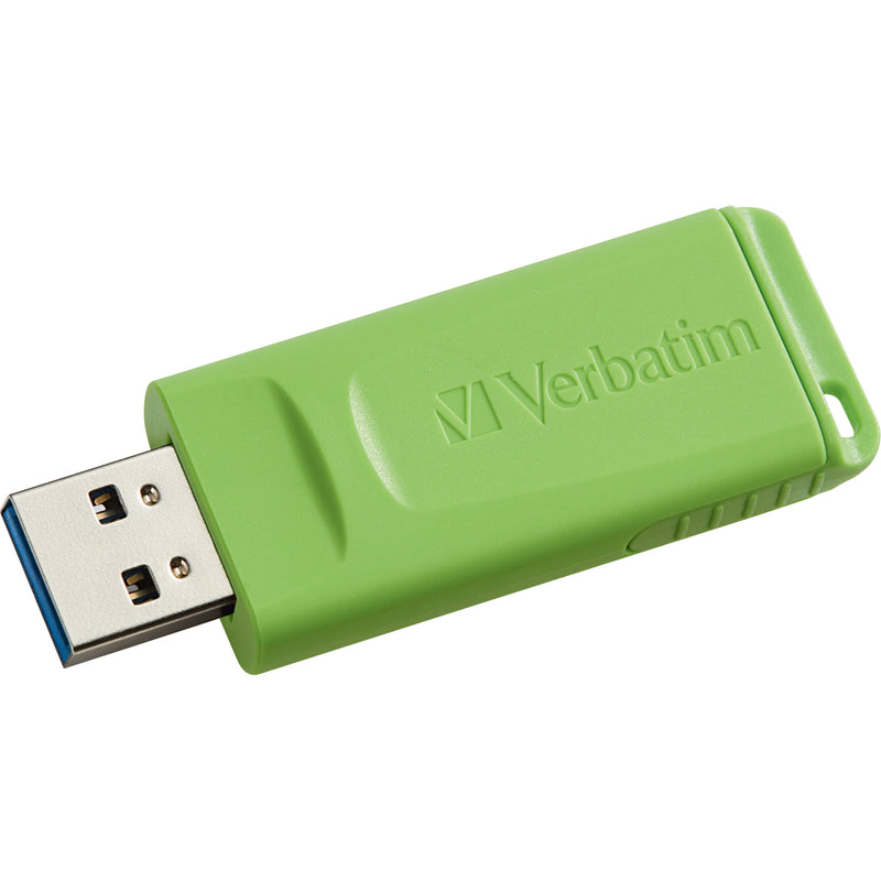 Close-up of green Verbatim USB drive with extended connector