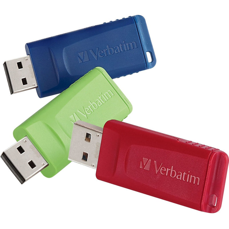 Three Verbatim USB drives arranged showing blue, green, and red color variants