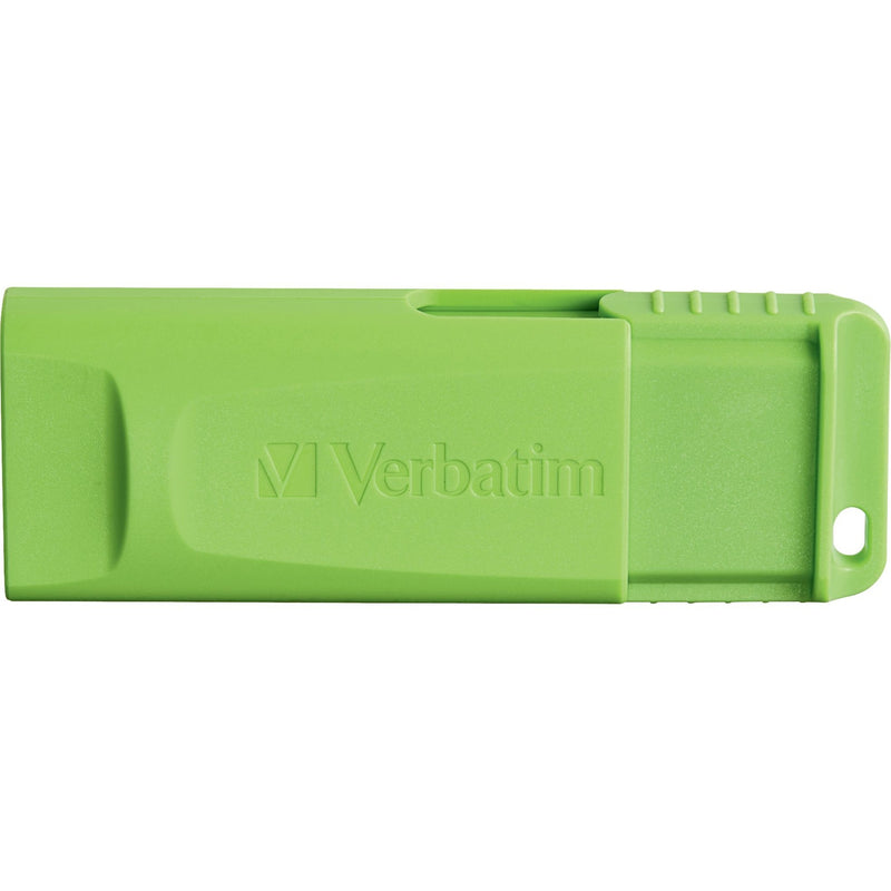 Detailed texture view of green Verbatim USB drive