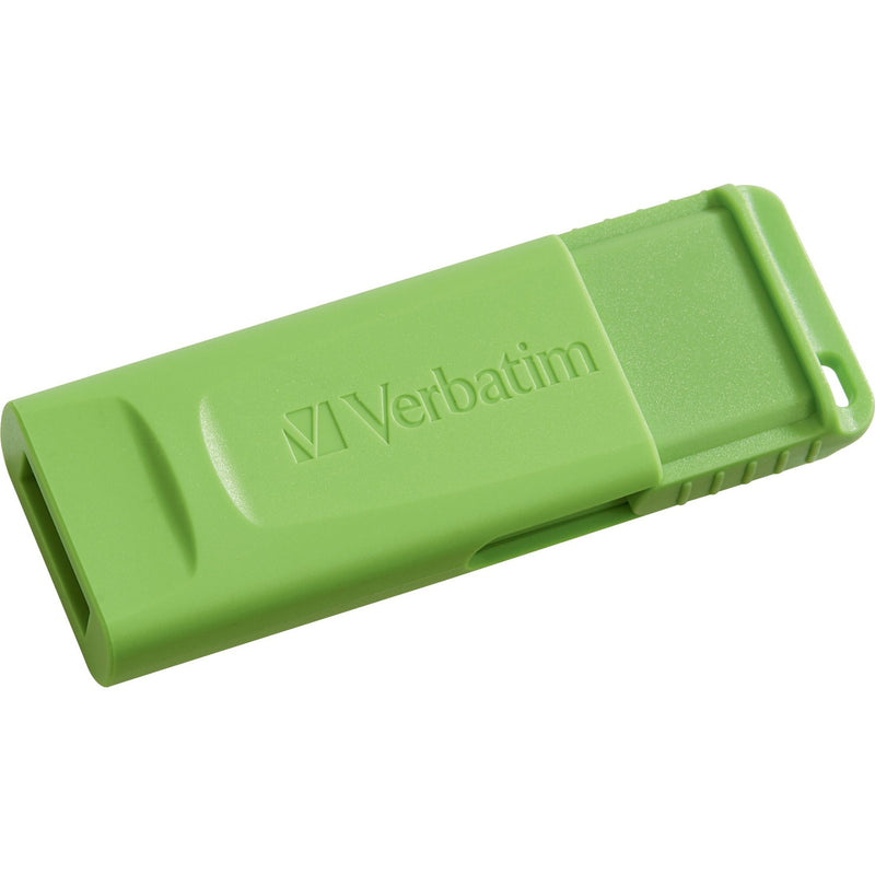 Side profile of green Verbatim USB drive showing protective housing