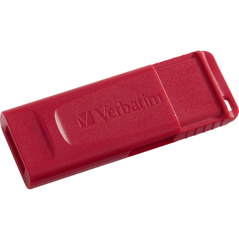 Side profile of red Verbatim USB drive displaying sliding mechanism