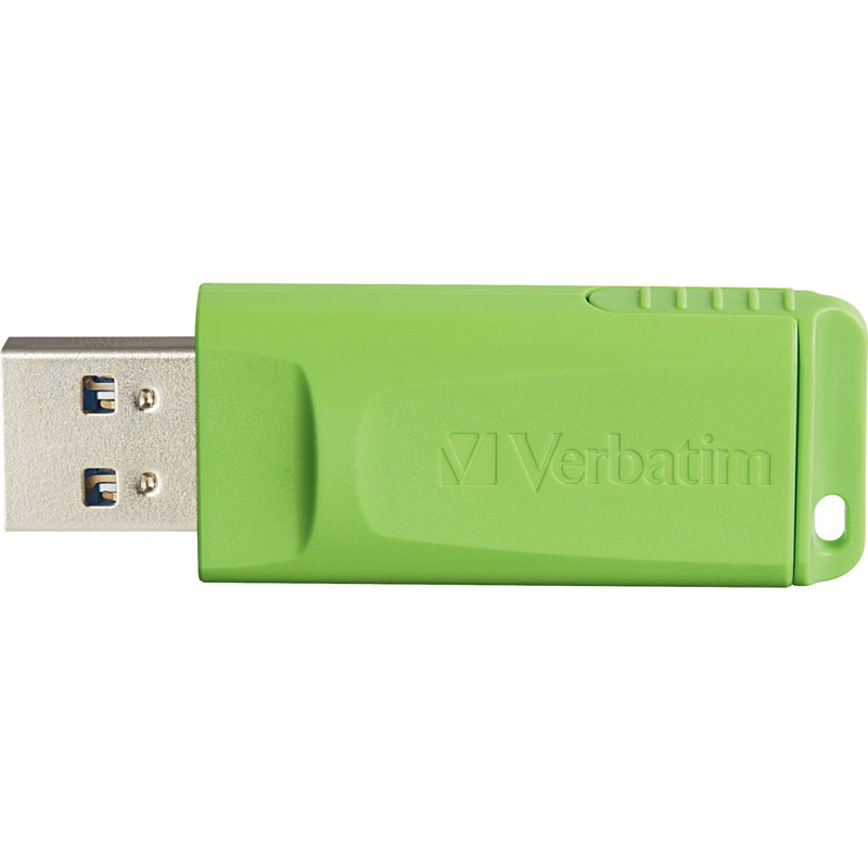 Close-up of green Verbatim USB drive connector